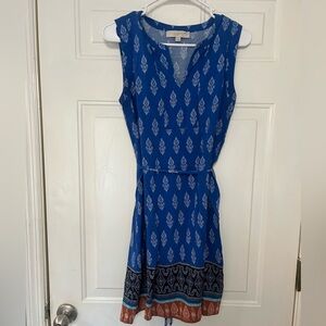 LOFT Blue and Orange Patterned Midi Dress